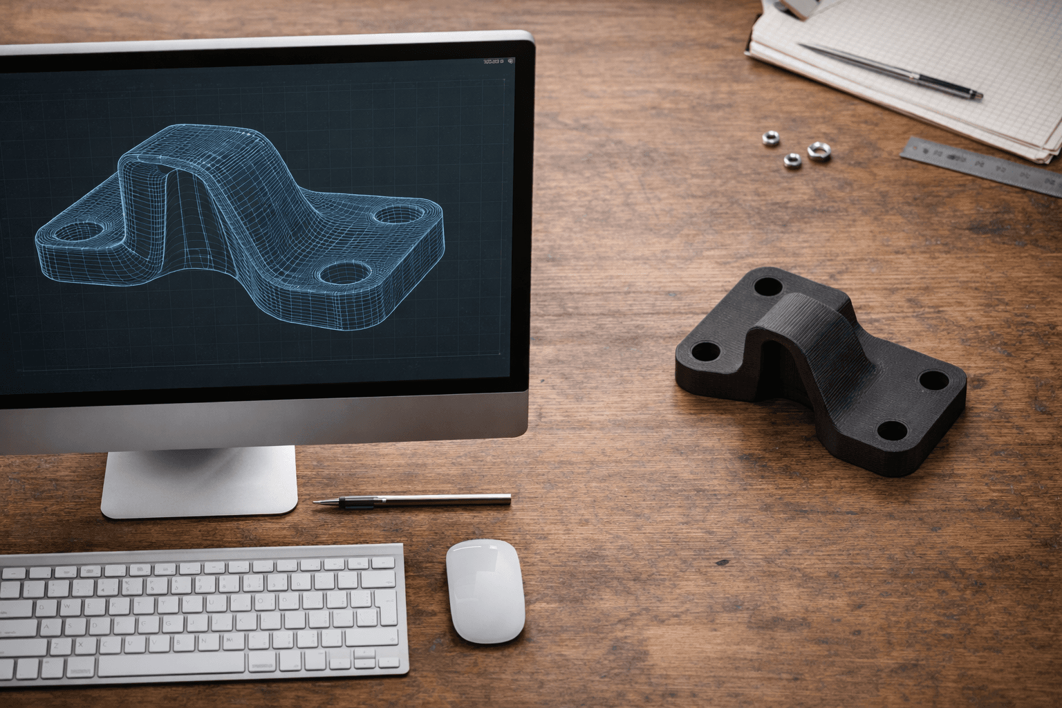 CAD wireframe transitioning into a finished 3D printed bracket — the TAKT 3D design-to-part workflow