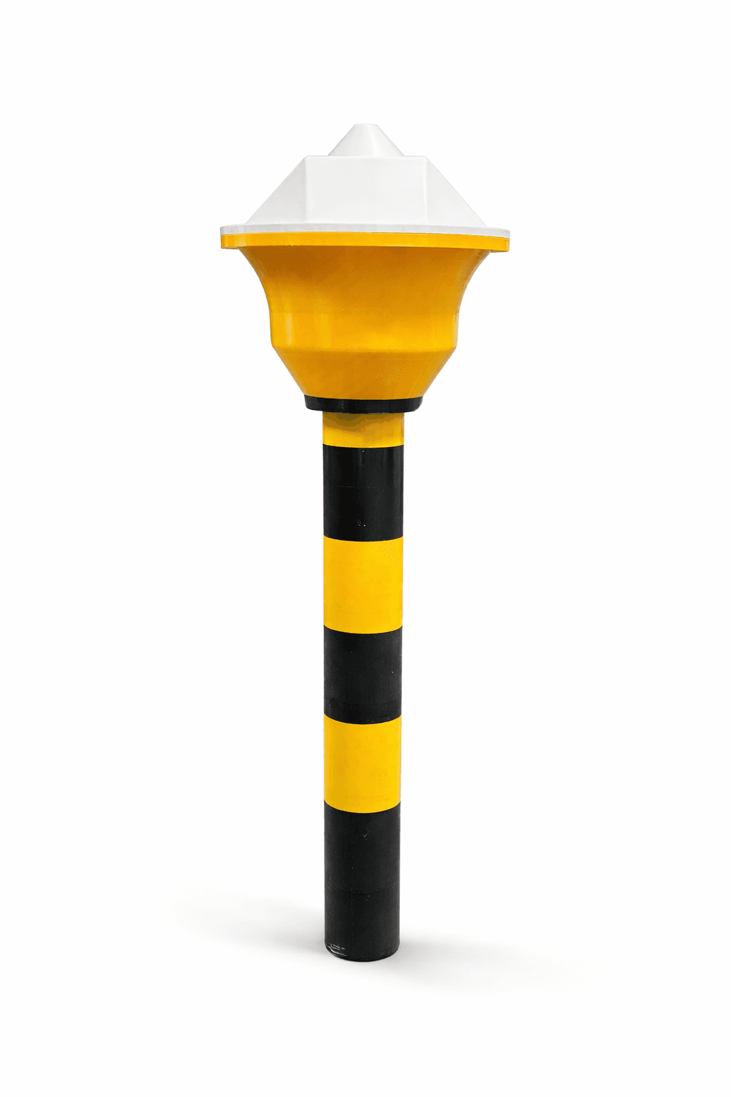 Oversized yellow and black 3D printed safety bollard, printed in one piece on our large-format FDM farm