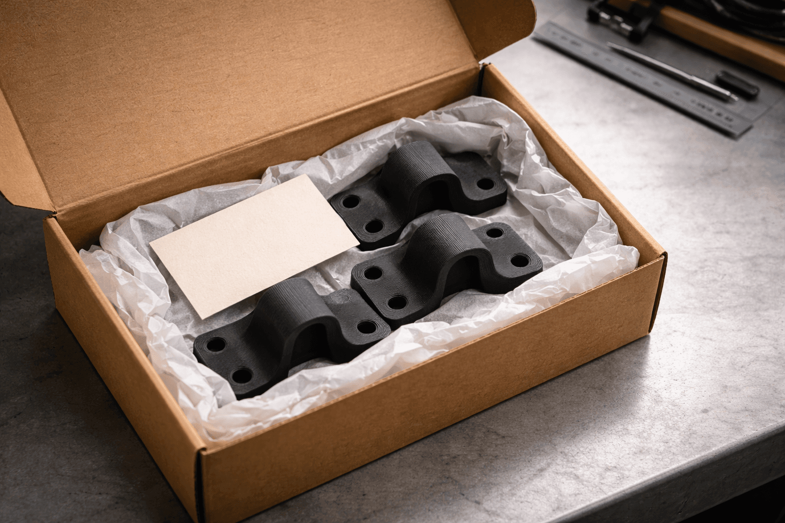 Packaged 3D printed brackets ready for shipment from the TAKT 3D San Diego print farm